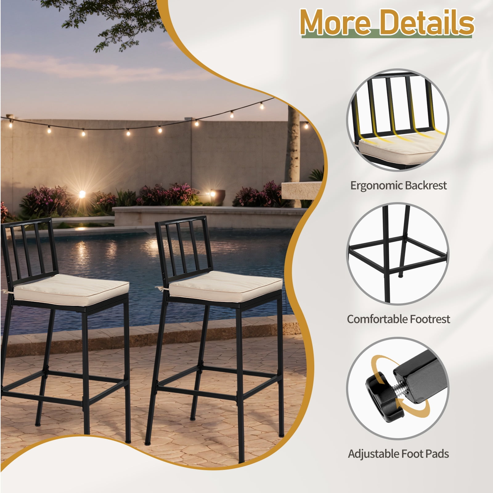 Ktaxon 2Pcs Outdoor Bar Stools, Weather Resistant Outdoor Bar Seating with Detachable Cushion, Heavy-Duty Metal Frame Bar Set of 2 for Garden Porch Pool