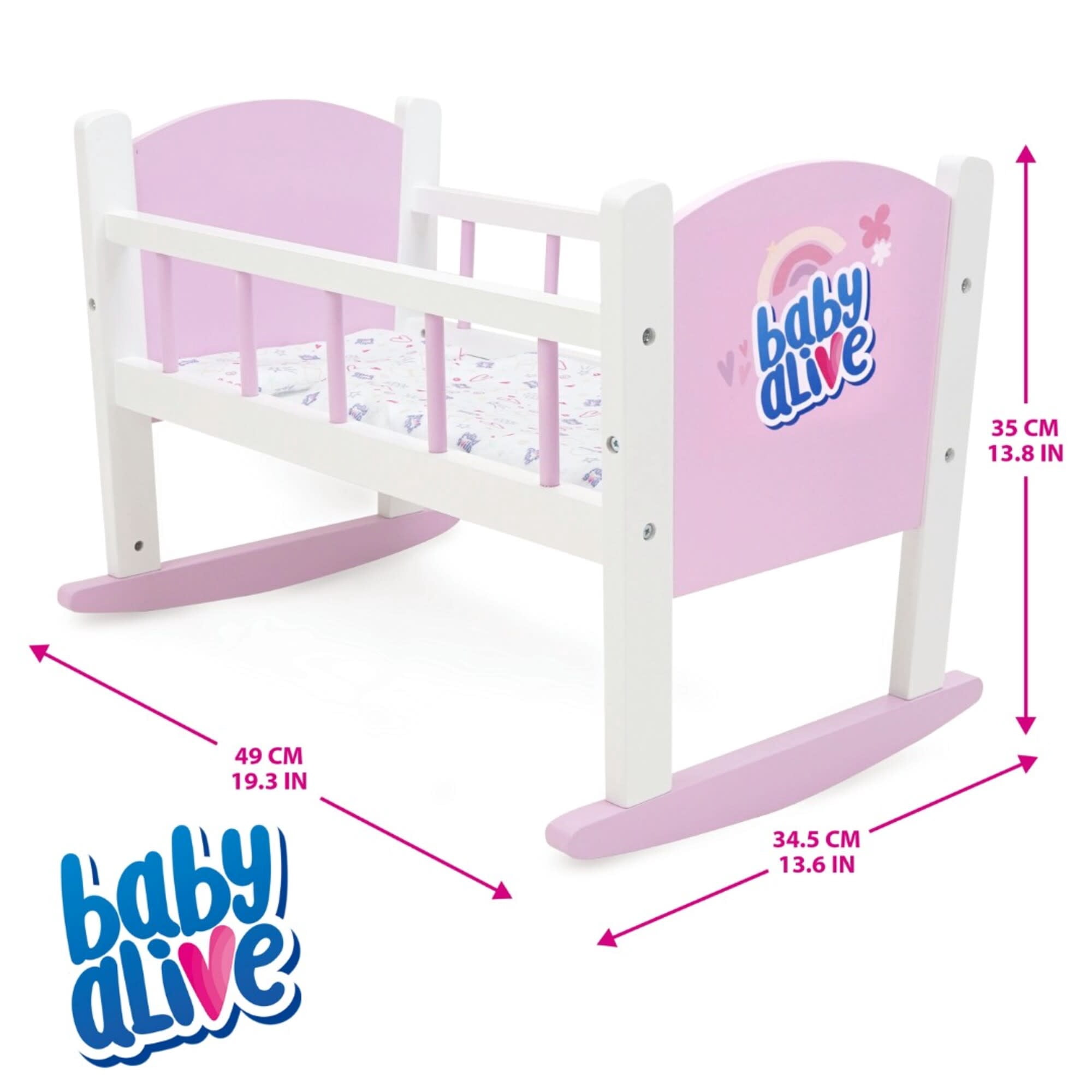 509 Crew: Baby Alive - Wooden Doll Cradle - Pink-White-Purple, Rocking Bed, Pillow & Blanket, Doll & Plush Sleeping Accessory, Roleplay Toy, Kids 3+
