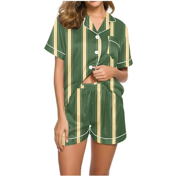 HUJlwoi Women Printed Pajama Sets Classic 2 Piece Pj Sets Button down Pocket Shirts Lounge Sets Short Sleeve Sleepwear with Shorts