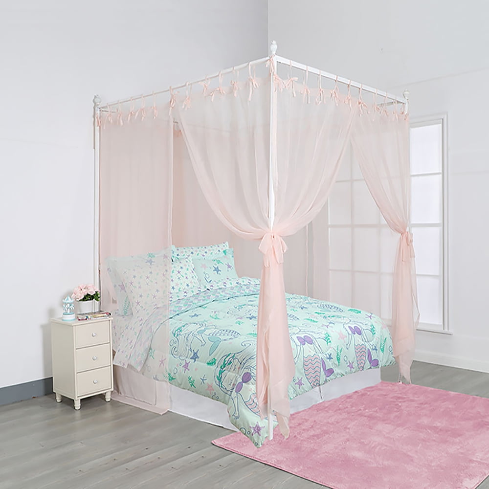 Bed Canopy Blush Sheer Panels, Complete 8 piece Set with Ties Backs