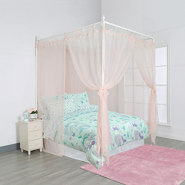 Bed Canopy Blush Sheer Panels, Complete 8 piece Set with Ties Backs