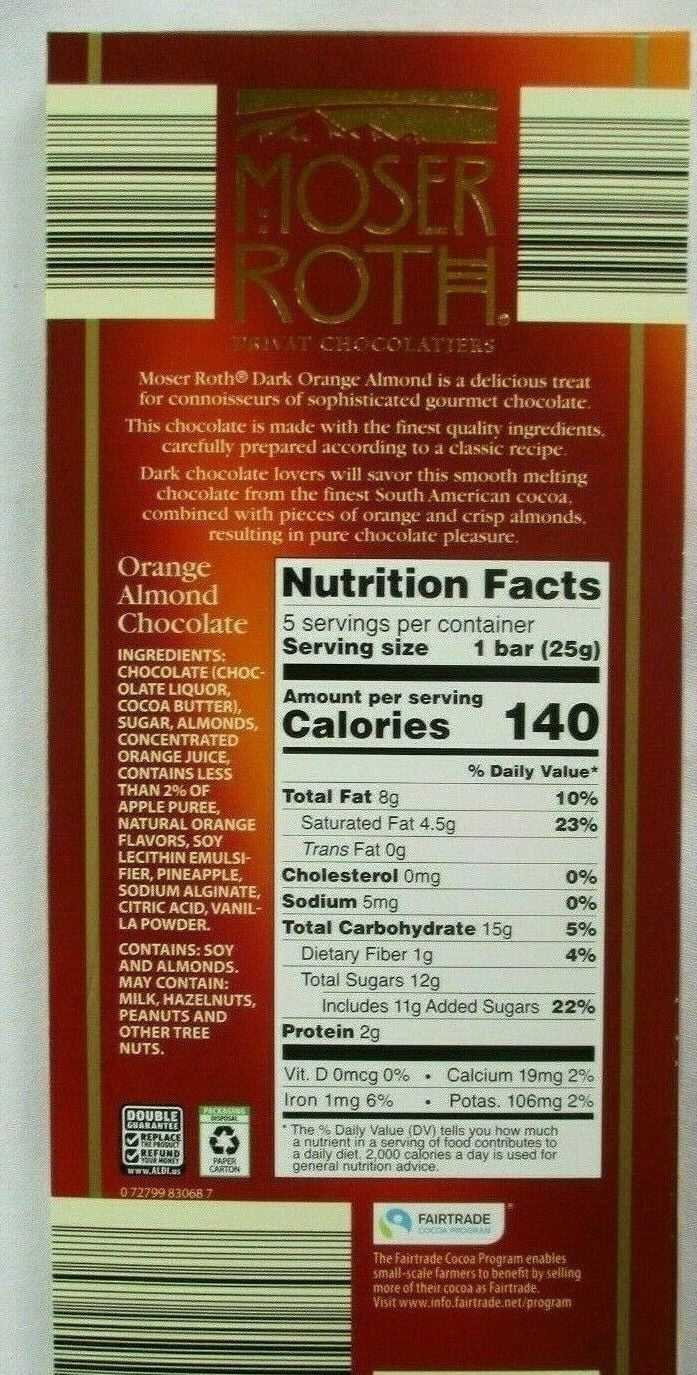 6 MOSER ROTH PREMIUM CHOCOLATE "DARK ORANGE ALMOND" 5-BAR 4.4-oz PACKS