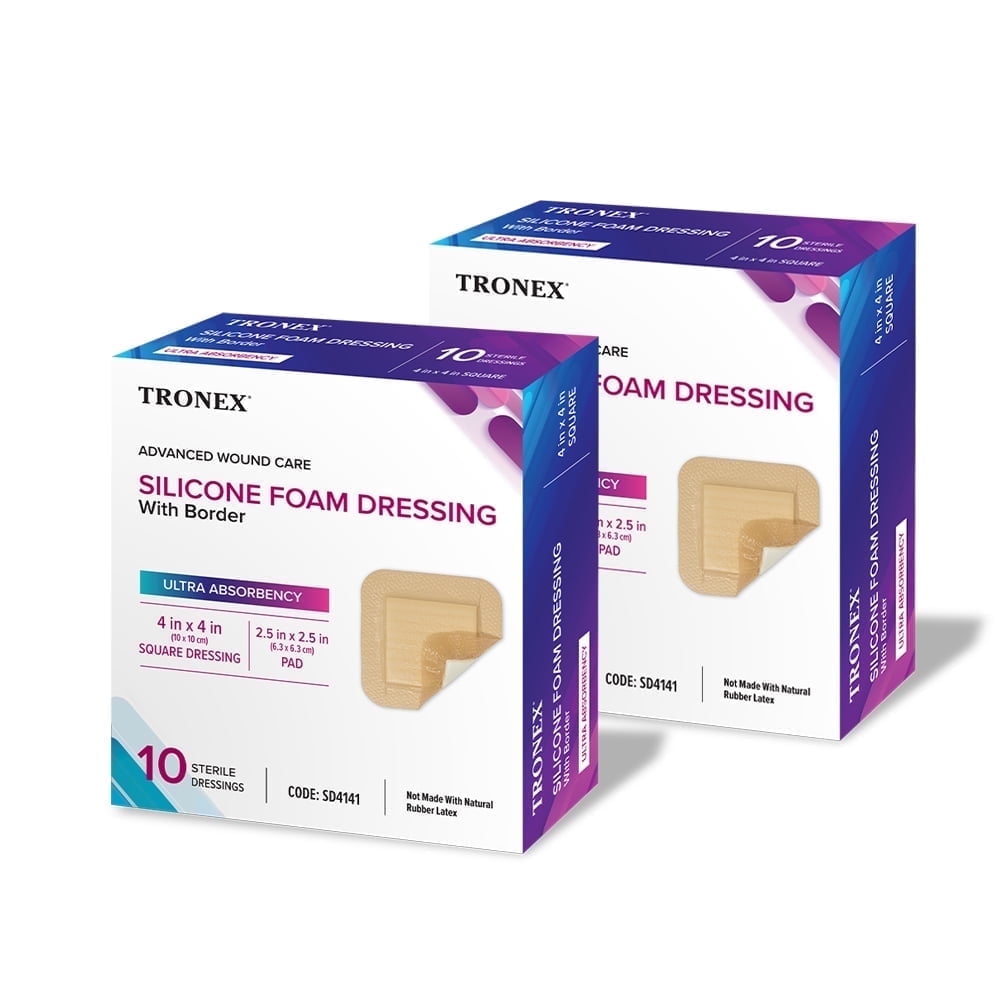 Tronex Silicone Foam Dressing 4”x4”, Adhesive, Waterproof, Sterile, Ultra Absorbent, Breathable, Latex Free, 20 Pack