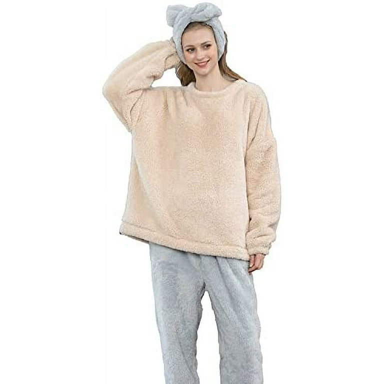 Kukuzhu Womens Fleece Pajama Sets Winter Shearling Rollneck Pajamas Grunge  Fuzzy Plush Hoodie Sleepwear 2Pcs Fluffy Loungewear 