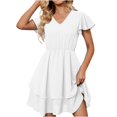 thumbnail image 1 of Robes d'Été Décontractées pour Femmes Manches Courtes à Volants Col en V Taille Haute Robe Évasée Unie Superposée Robe Patineuse, 1 of 7