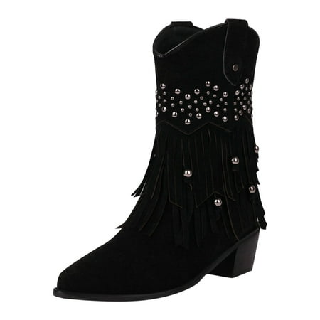 GHSOHS Boots for Women Snow Boots Ankle Booties Shoes Comfortable Dress Shoes for Women Ankle Boots Tassel Decoration Retro Pointed Thick Heels Comfortable Fitting Shoes Western Cowgirl Boots Size 42
