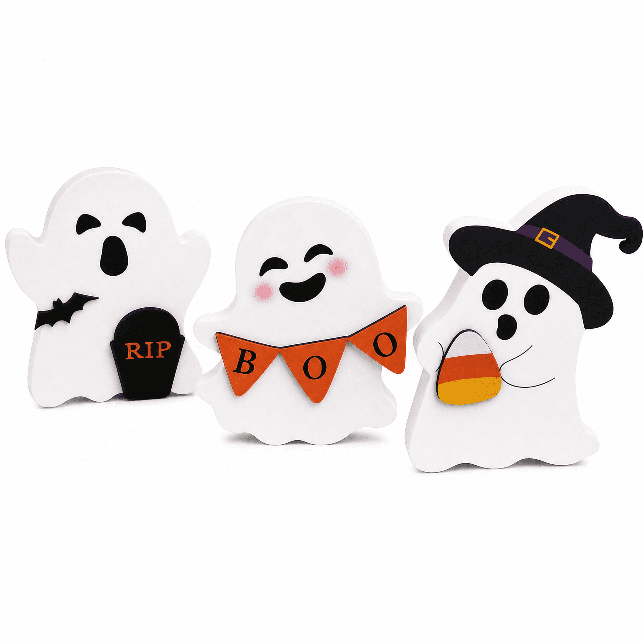 Cute Ghost Halloween Decorations Indoor, Wooden Tiered Tray Decor Table Sign Set of 3, Black Cat Bat Witch Broom Signs Pumpkin Blocks for Party Home Shelf Display