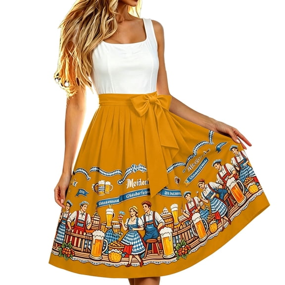 Arlun Oktoberfest Print Midi Skirts for Women High Waisted Bow Drawstring Belt Flowy Pleated Skirts Loose Comfort Fashion Festival Below Knee Casual Skirts 2026 Summer 4-Yellow One Size