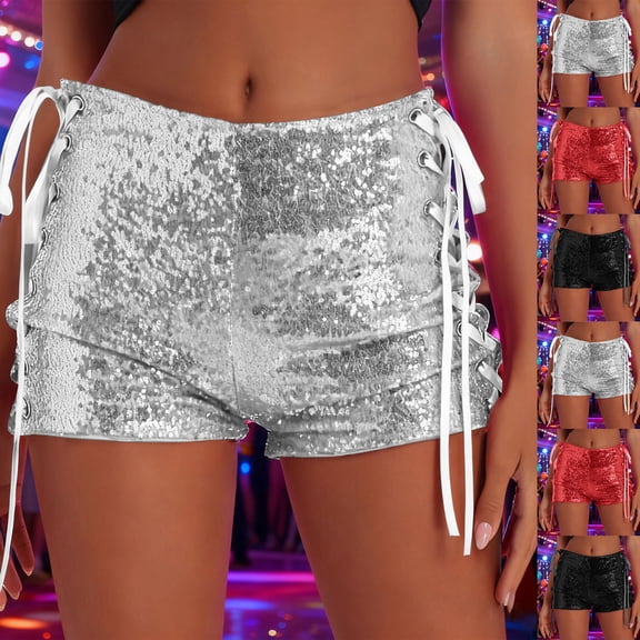 Tqyyweavej Y2K Sequin Shorts for Women Side Tied Mid Rise Pull-On Glitter Shorts Solid Color Cutout Clubwear Micro Shorts Size S to 2XL