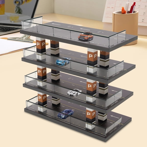4-Tiers Model Car Display Case, 1/64 Scale Hot Diecast Wheels Display Case Toy Car Storage, Small Parking Garage Diorama Children's Birthday Presents