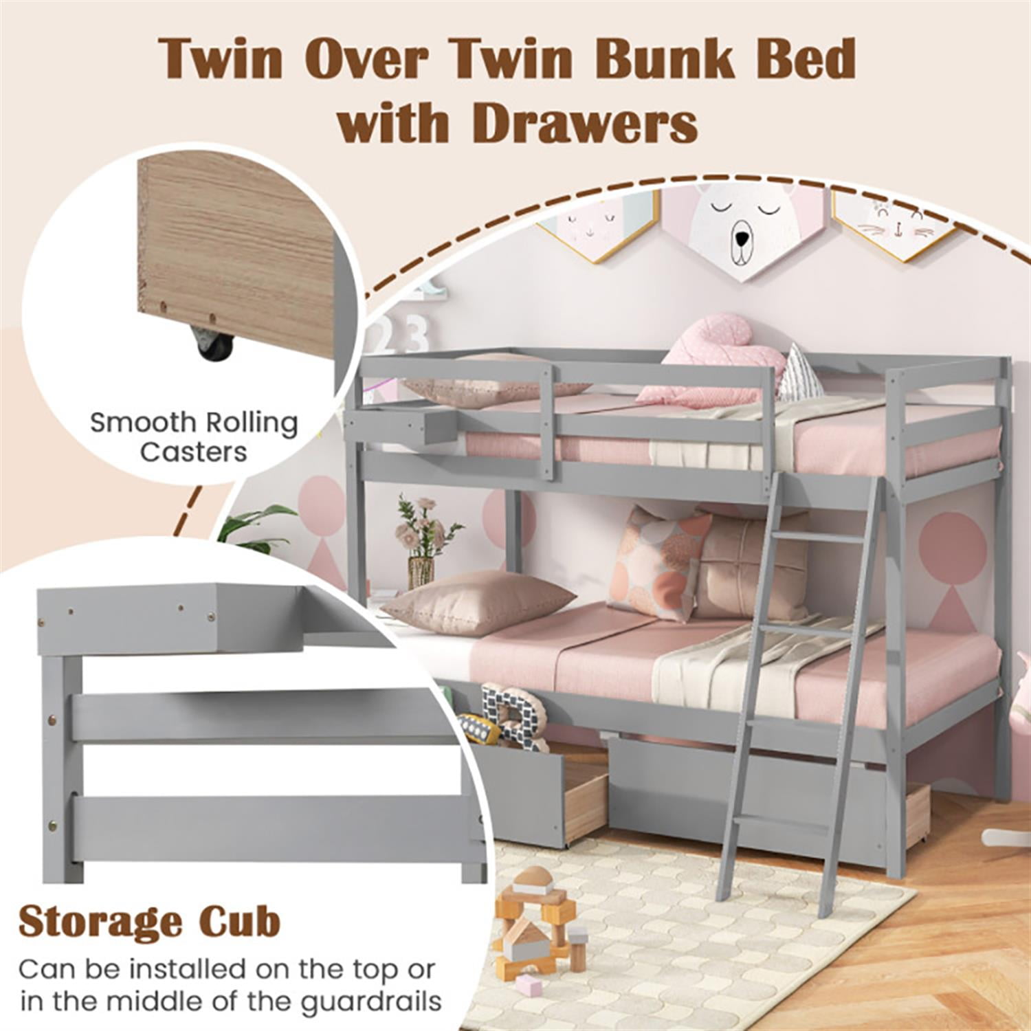 Demi Bonn Twin Over Twin Bunk Bed with 2 Storage Drawers and Ladder, Twin Bunk Beds, Wood Bed Frame No Box Spring Needed, Gray