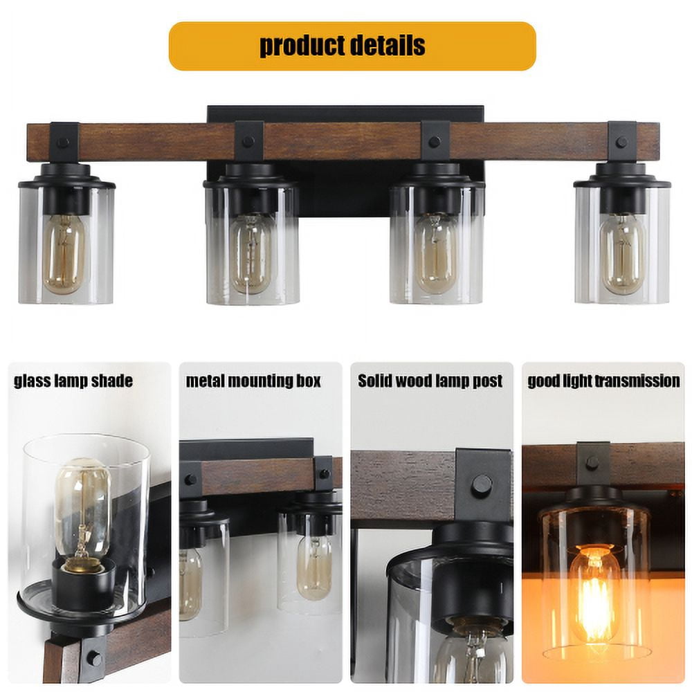 Hi-LIGHTS,4-Lights Farmhouse Rustic Bathroom Light Fixture with Glass Lampshade(Bulbs Not Included),Vanity Lights Fixture for Bathroom,Dressing Room,Bedroom,Living Room(Black)