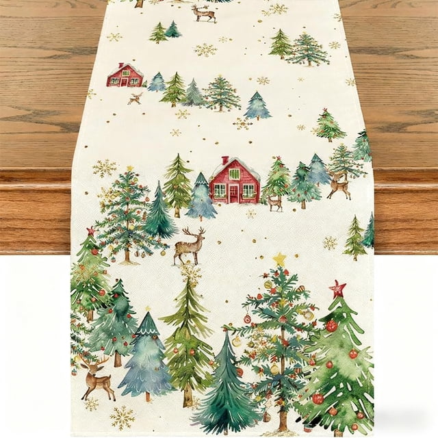 Herunwer Xmas Trees Snowflake Christmas Table Runner, Seasonal Winter Blue Kitchen Dining Table Decoration for Home Party Decor