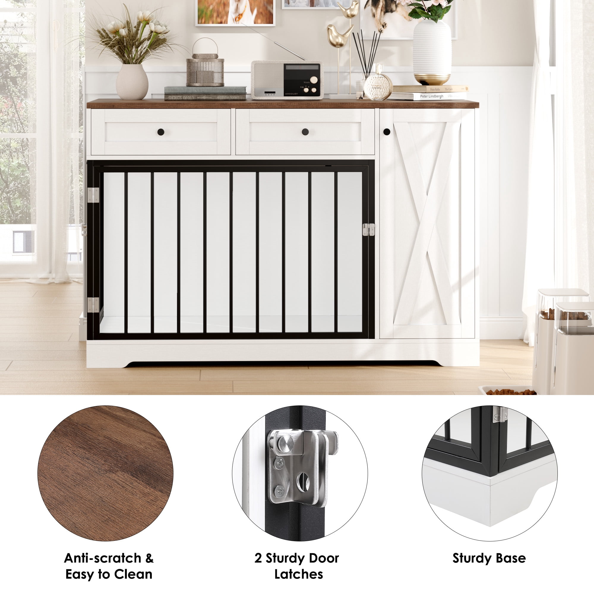 Homfa Dog Crate with Storage Cabinet and 2 Drawers, Indoor Furniture Style Wooden Large Dog Kennel, White