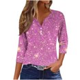 thumbnail image 2 of Feancey Todays Daily Deals Clearance Women's Henley Tops 3/4 Sleeve Loose Tunics 2025 Trendy Sequin Print Button V Neck Blouse Dressy Casual Going Out Tee Shirt Pink L, 2 of 5