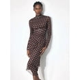 thumbnail image 5 of Brown Polka Dot High-Neck Ruched Long Sleeve Midi Dress, Elegant Fitted Design For Office Or Evening Wear, 5 of 7
