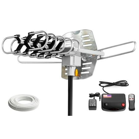 Outdoor Dual Band Antenna - Uninex Indoor Outdoor Power Amplified 360° Rotating 36dB HD TV DTV Antenna for 2 TVs Support, with Wireless Remote Control Rotating System,150 Miles Long Range, 40ft Coax Cable, Dual Band UHF VHF