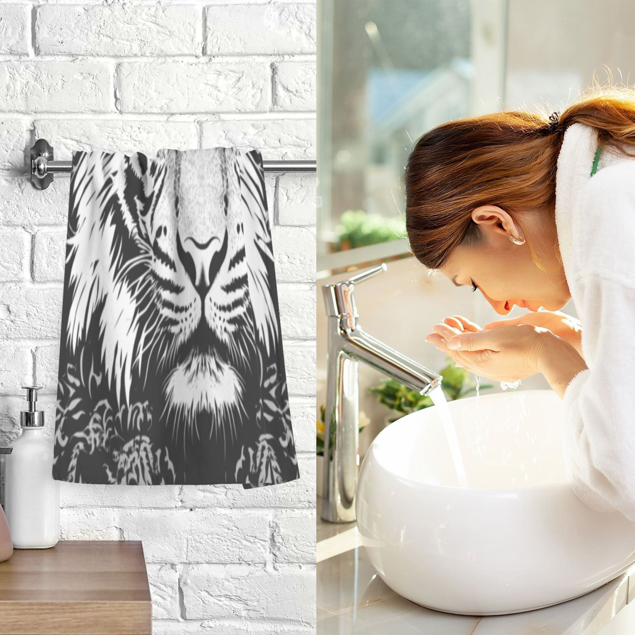 Cotton Towel Two-Piece 16x28 Inch One Sizex2 Face Towel Set Towel Set Cotton Hand Bath Towel Bathroom Beach Black and White Cartoon Tiger