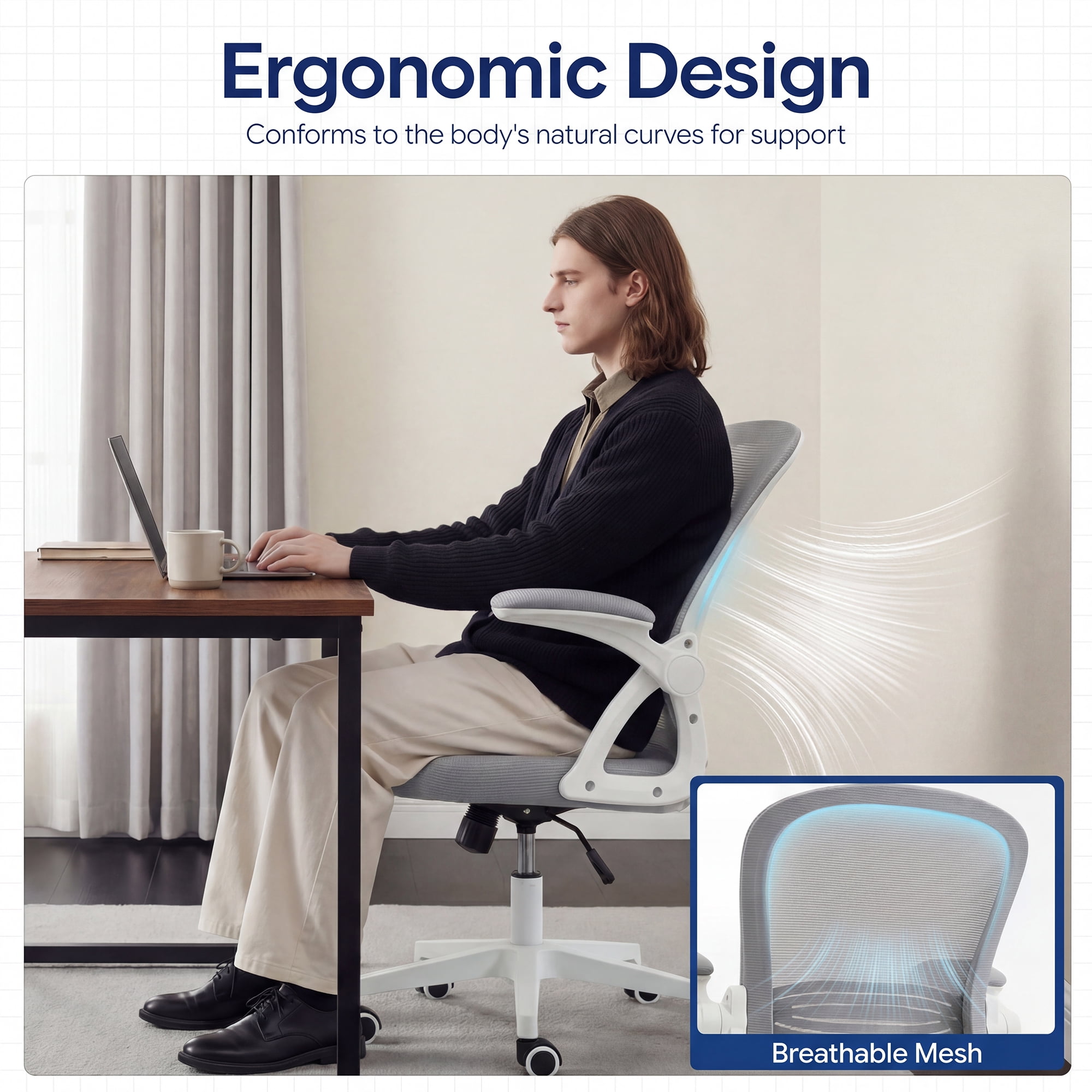 Ultifit Ergonomic Mesh Office Chair, Computer Desk Chair, Flip-Up Arms, Reclining, Rocking, Height Adjustment, Swivel, Gray, 300 lbs