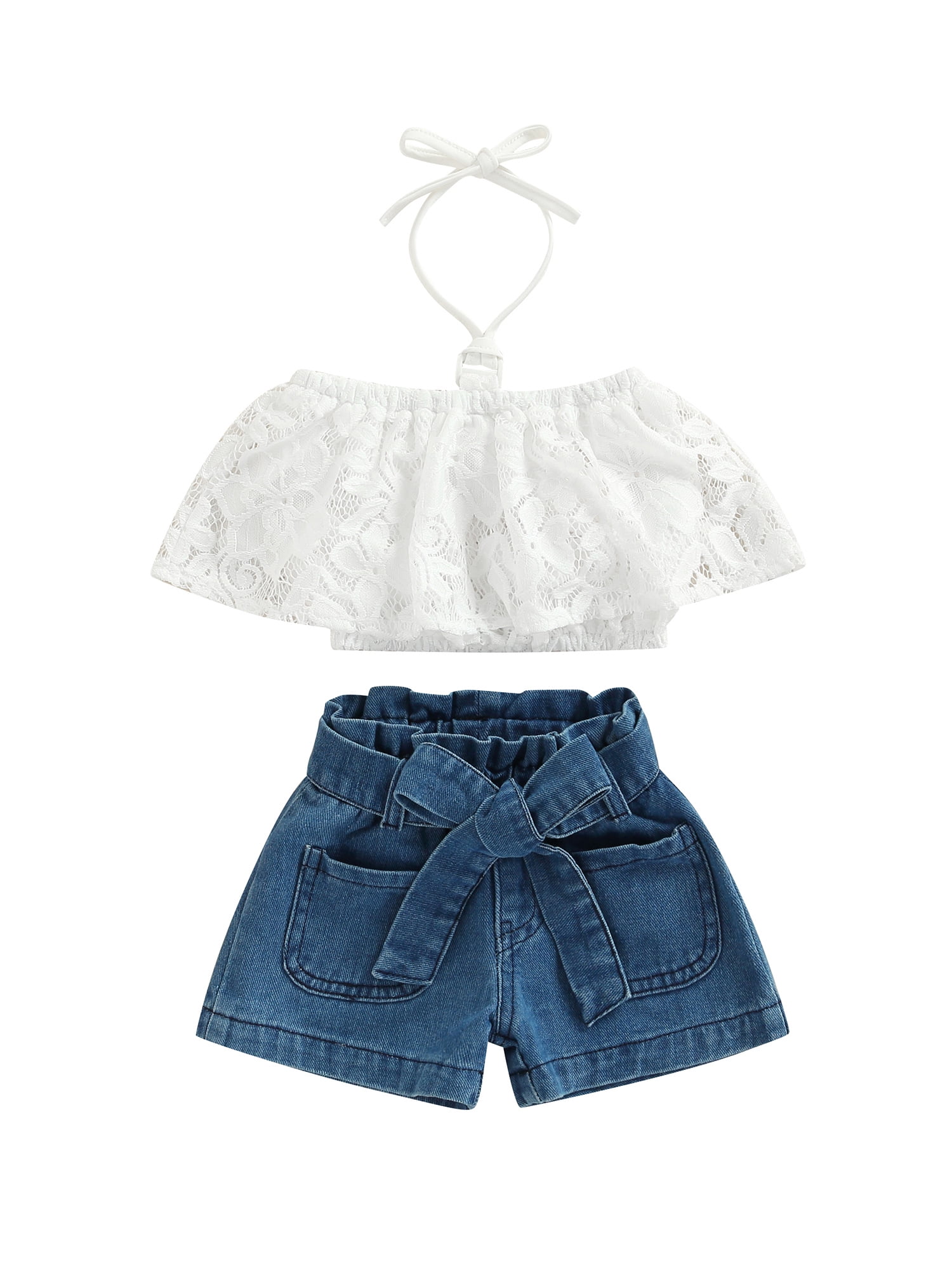 Drivkraft pensum eksil wybzd Toddler Baby Girl Summer Outfits Off Shoulder Halter Lace Crochet Crop  Top Denim Shorts Clothes Sets,Blue - Walmart.com