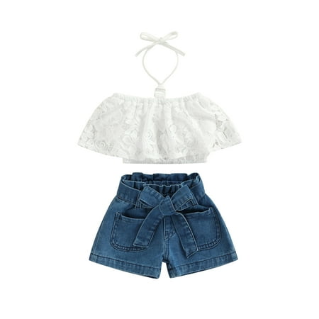 

Calsunbaby Toddlers Girls 2Pcs Outfits Solid Color Lace Crochet Halter Neck Sleeveless Tops Waist Belt Denim Shorts Set