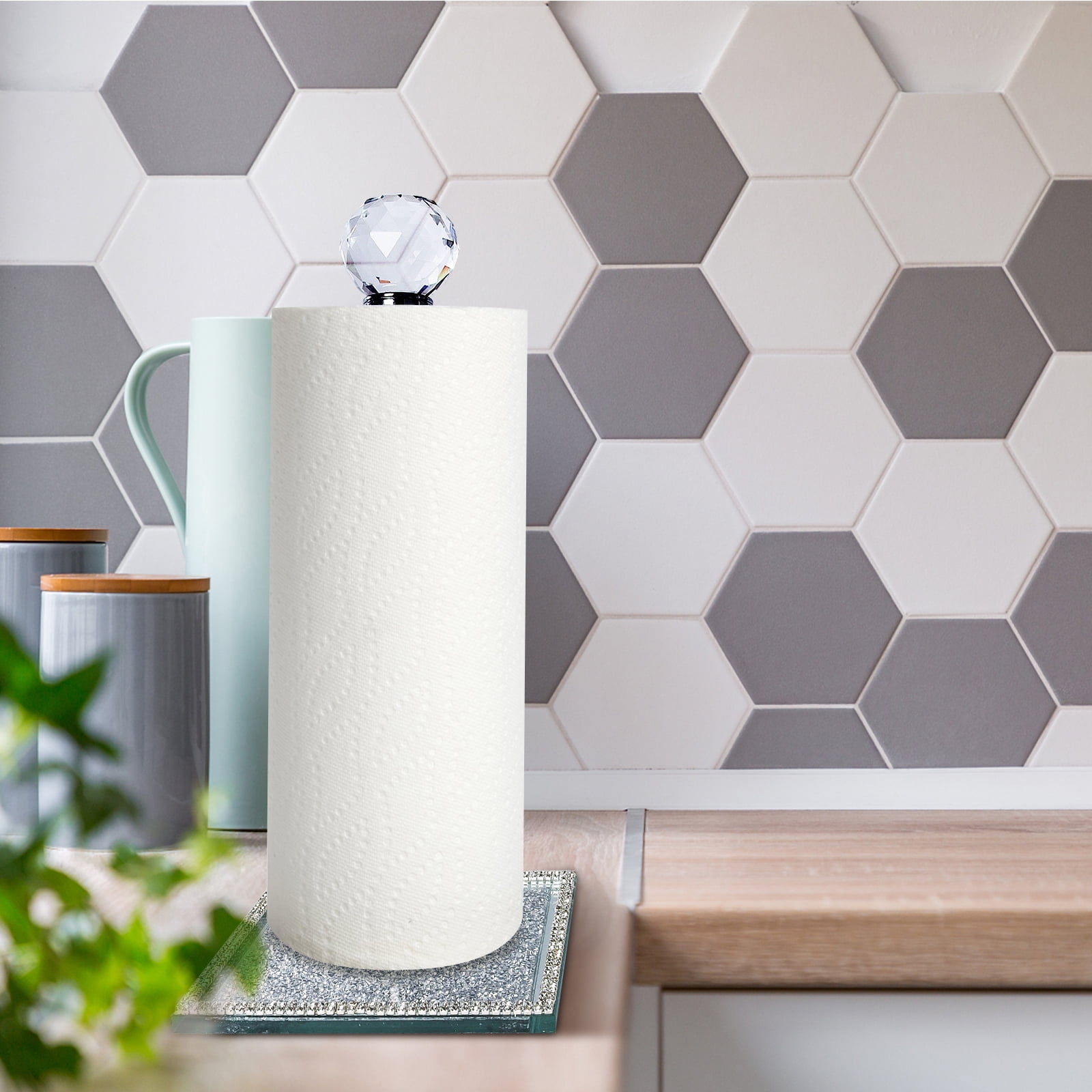Paper Towel Holder Stand, Countertop Paper Towel Roll Dispenser Holders with Cube Base, Tissue Countertop Filled with Sparkly Crystal Crushed Diamond House Decor for Kitchen Bathroom (Silver-Square)