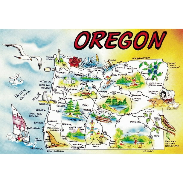 Map Of Oregon State Laminated Map - Large Tourist Illustrated Map Of Oregon State Poster 20 X  30 - Walmart.com