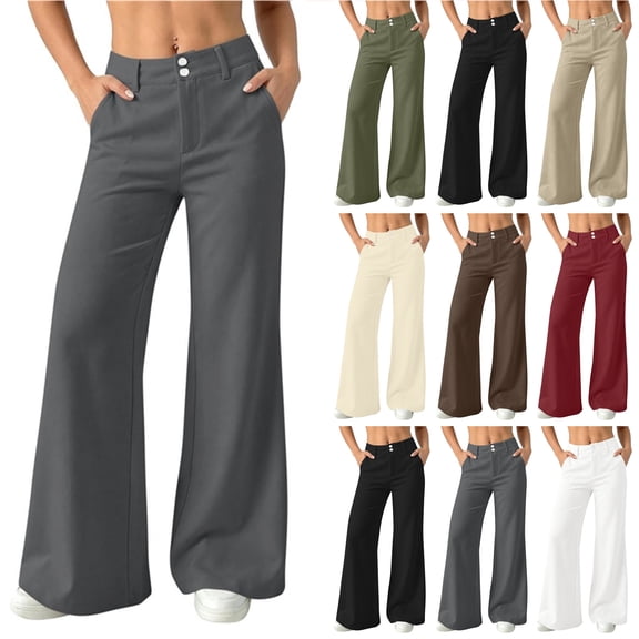 Bloomae Womens Dress Pants Button Elastic High Waisted Business Casual Wide Leg Flare Pants Fashion Loose Fit Work Trousers with Pockets