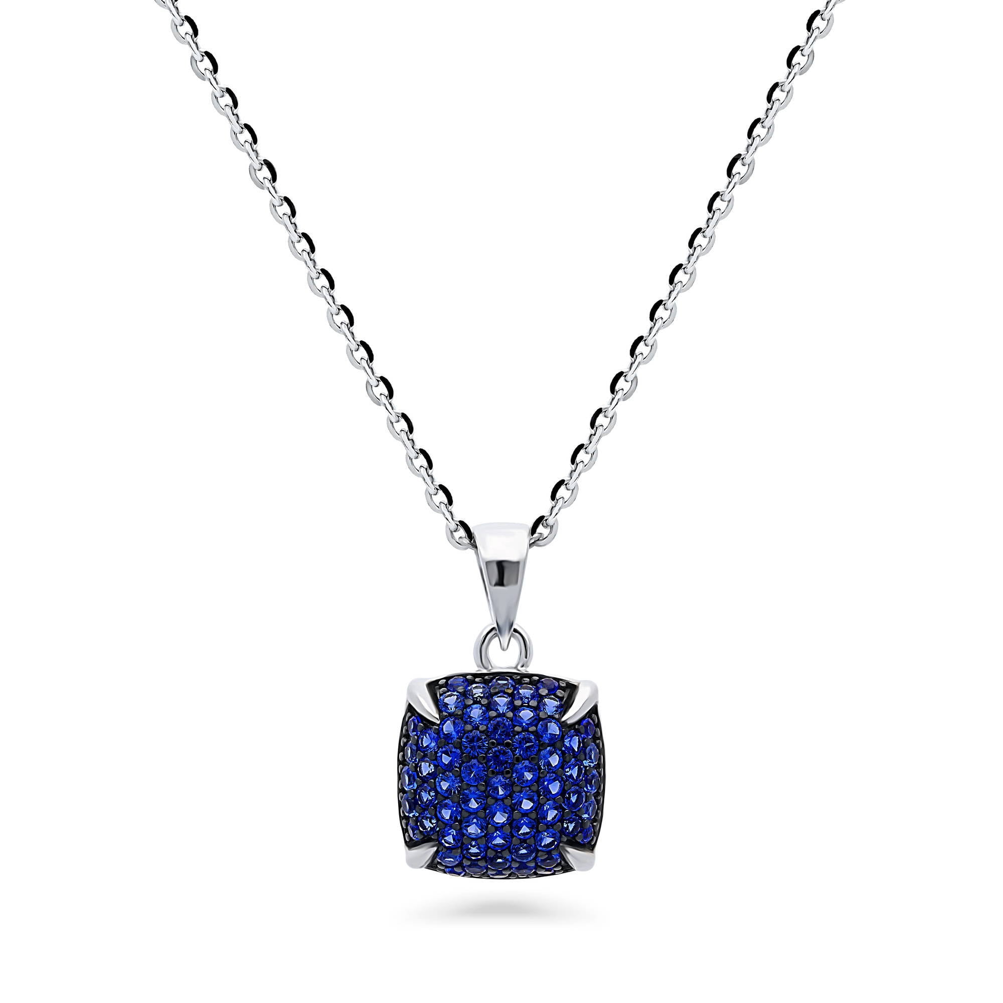 BERRICLE Sterling Silver Square Cubic Zirconia CZ Fashion Necklace and Earrings Set for Women, Rhodium Plated, Blue
