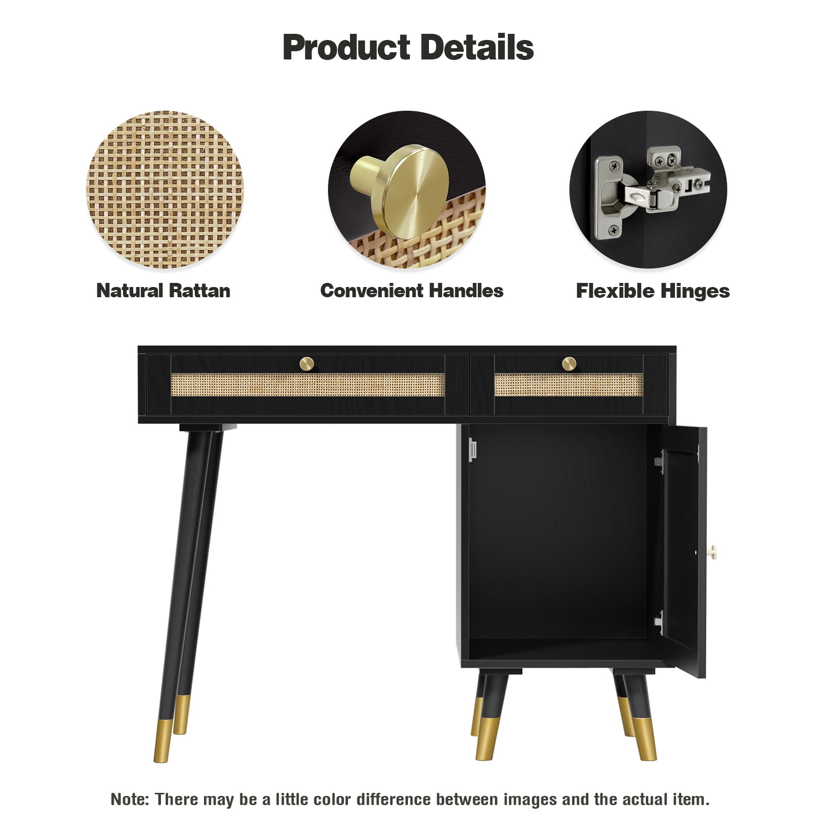 Eumyviv Multipurpose Rattan Furniture, Desktop Computer Desk with Storage, Office Room Desk, Black D0005