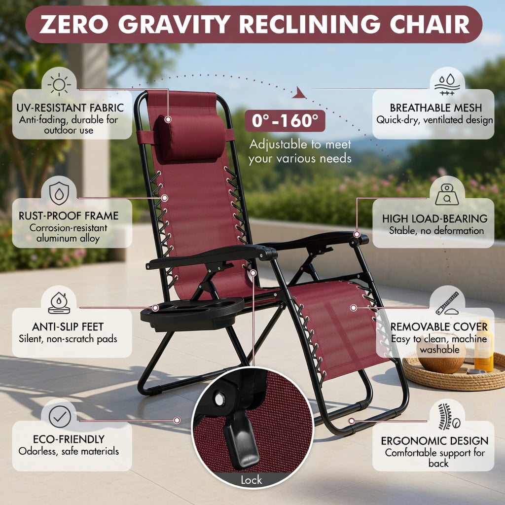 Hommoo Zero Gravity Folding Lounge Chair for Outdoor & Indoor Use, Heavy-Duty Steel Frame, Compact Foldable Design with Cup Holder & Adjustable Recline, Dark Red