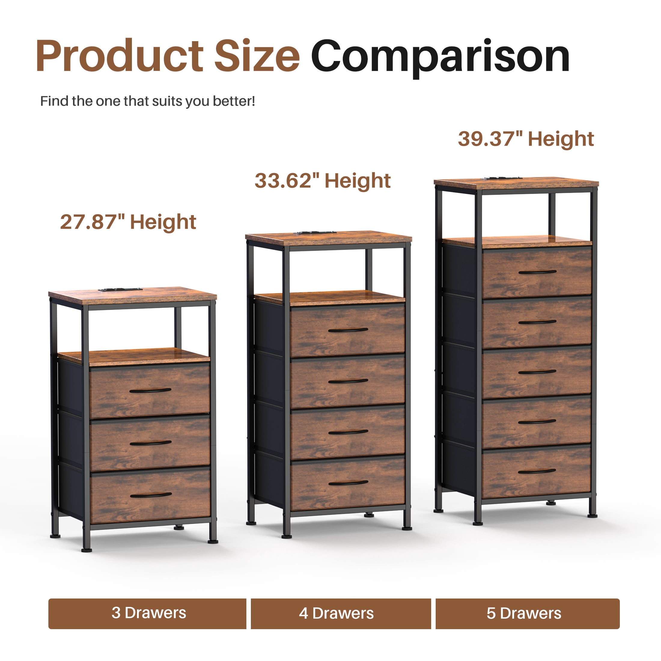 CONCETTA 5 Fabric Drawers Nightstand with Charging Station, USB/Type-C Ports, Adjustable Feet, Bedroom, Rust Brown