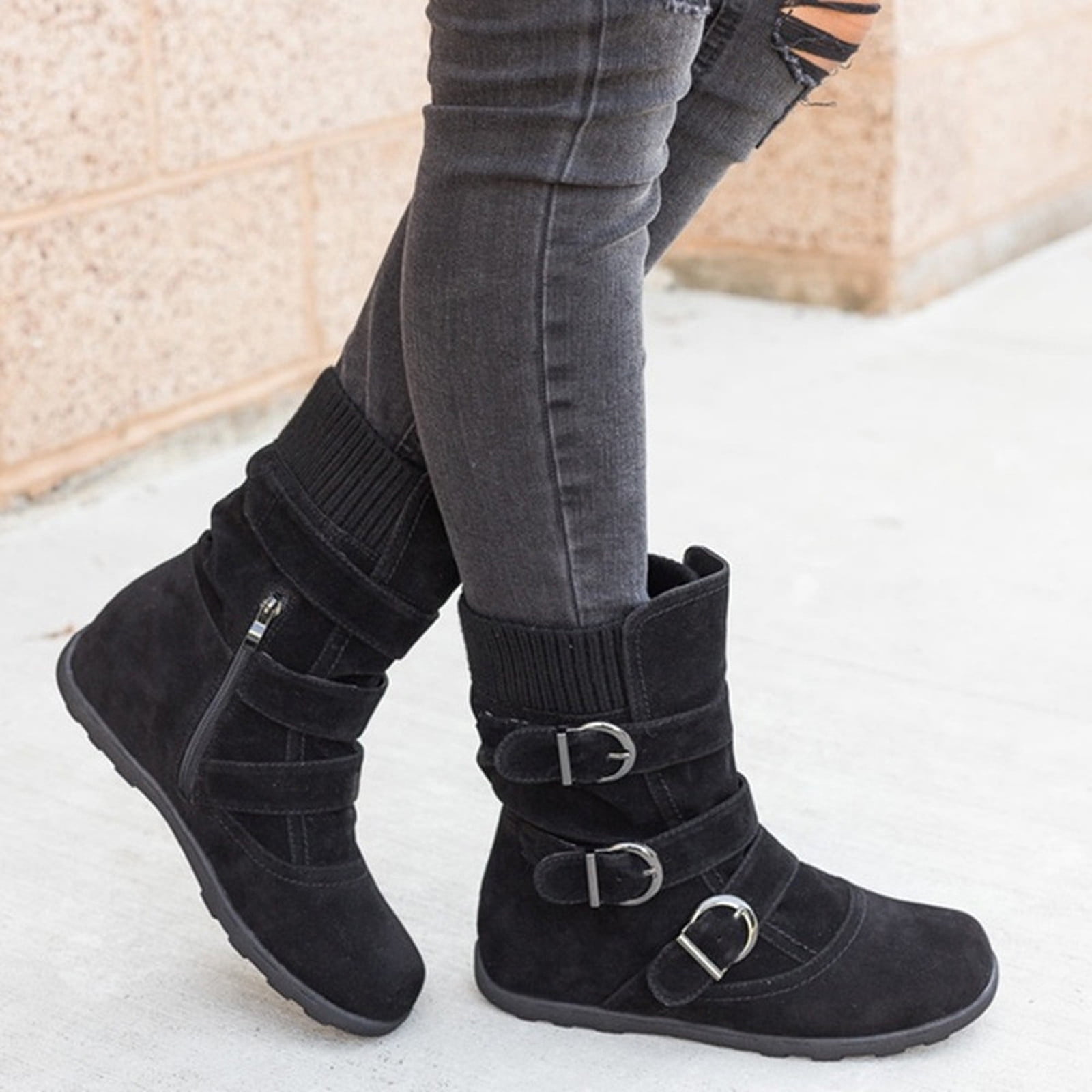 Lsljs Women's Winter Flock Retro Splicing Boots Chunky Heel High-Heels Pointed Toe Side Zipper Boots, Women's Ankle Boots & Booties, Womens Boots On C