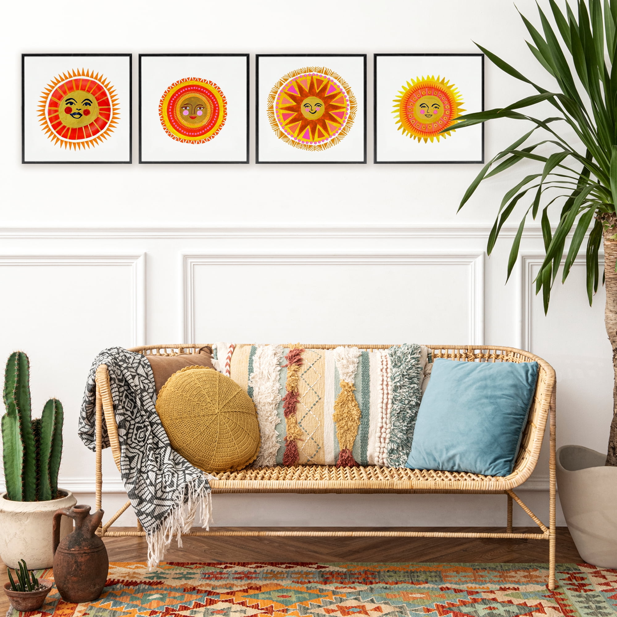 Stupell Industries Warm Happy Suns 4 Piece Black Framed Giclee Art Set, design by Katherine Herrell Studio