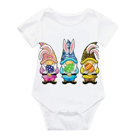 

Baby Girl Boy Easter Outfits Infant Easter Gnomes Pattern Romper T-Shirt Solid Short Sleeve Romper Jumpsuit