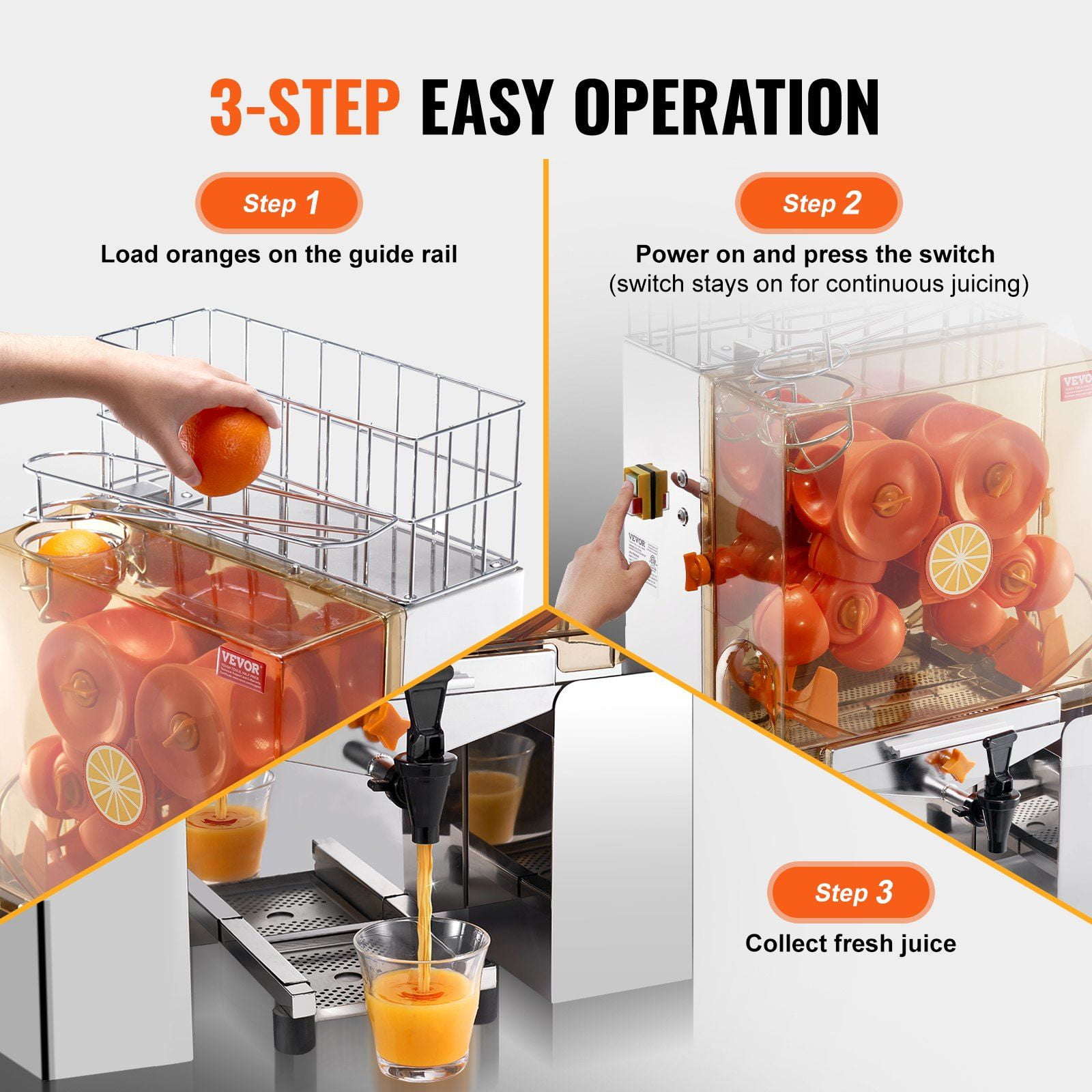 HCY Commercial Orange Juicer Machine, 120W Automatic Juice Extractor with Water Tap, Stainless Steel Orange Squeezer 20 Oranges/Minute, with Pull-Out Filter Box, PC Cover, 2 Peel Collecting Buckets