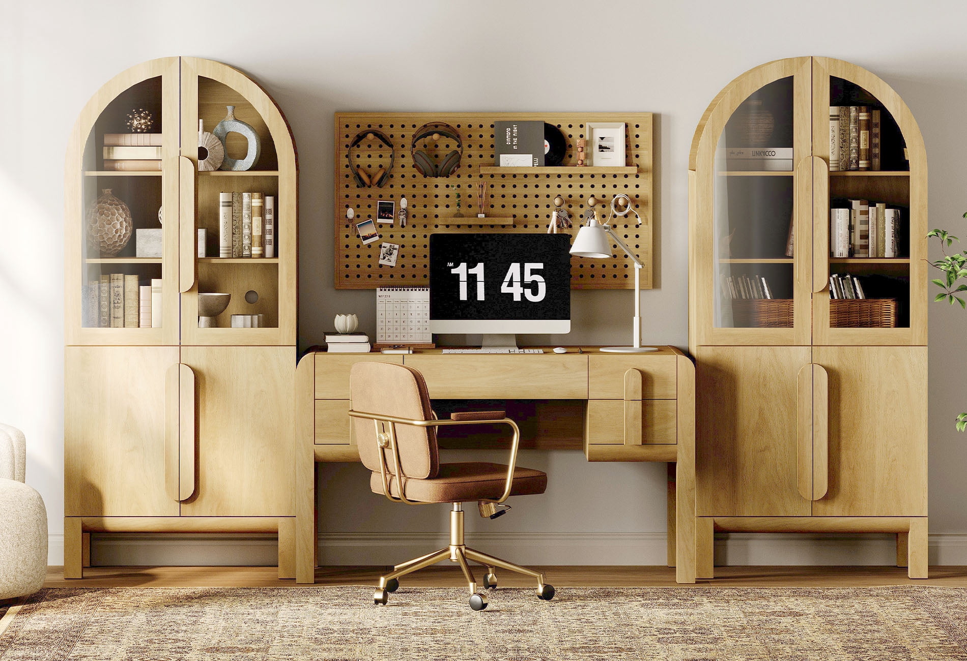 Home Office Set, 53.5" Modern Executive Desk with Charging Station and Drawers & 2 Piece 71"H Tall 5-Tier Arched Bookcases with Glass Door for Living Room, Bedroom, Home Office