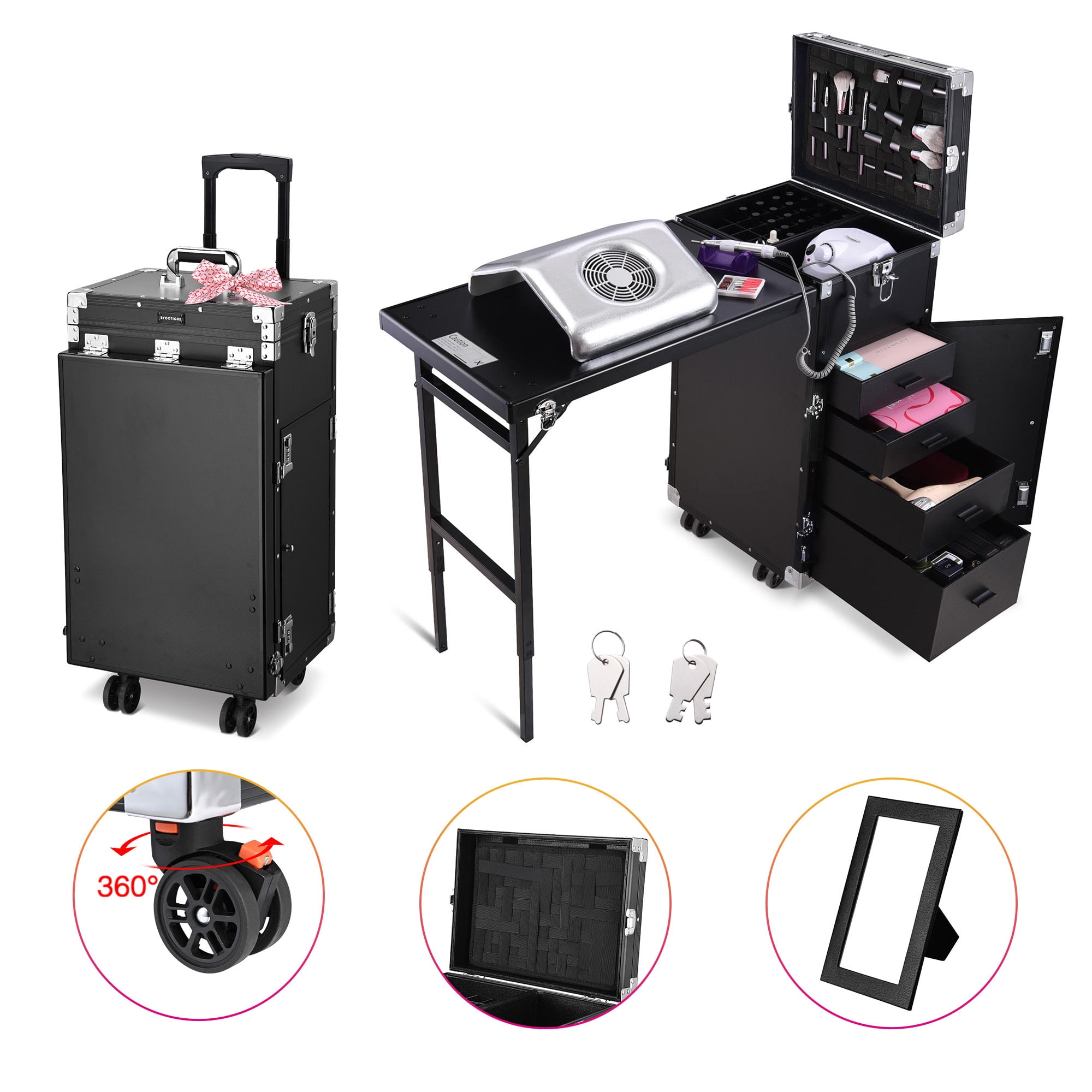 Byootique Portable Manicure Table Desk for Nail Tech Organizer Rolling Makeup Case with Wheels and Telescopic Handle for Manicurist Technician, Black