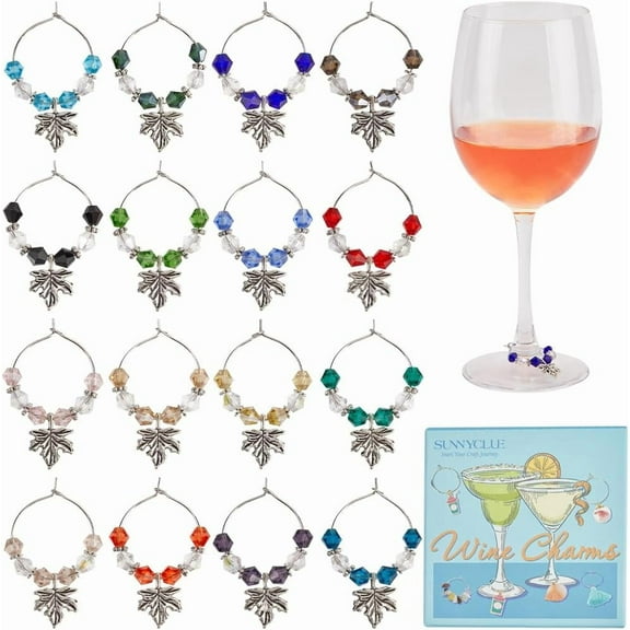 1 Box 16Pcs Wine Glass Bead Charms Drink Marker Rings Maple Leaf Alloy Colorful Beads Drinks Identifier Tags Charm for Stem Glasses Wedding Valentines Day Holiday Wine Tasting Party Decoration
