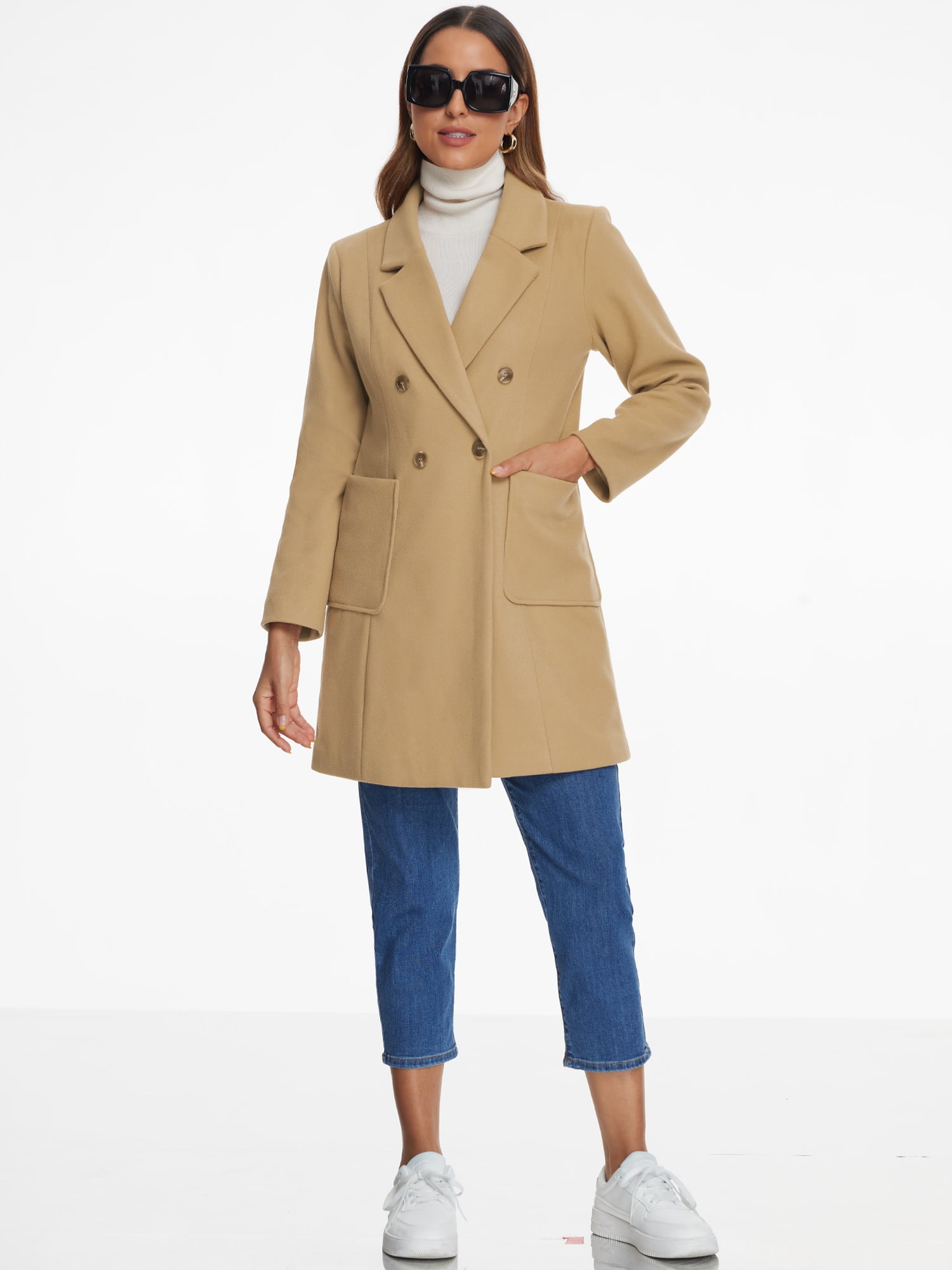 DARING DIVA Women's Notch Lapel Pea Coats Classic Double Breasted Winter Coats S Khaki