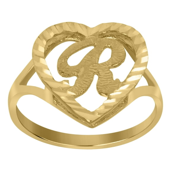 10kt 10k Yellow Gold Womens Diamond-Cut Textured Heart Initial Letter R Band Ring
