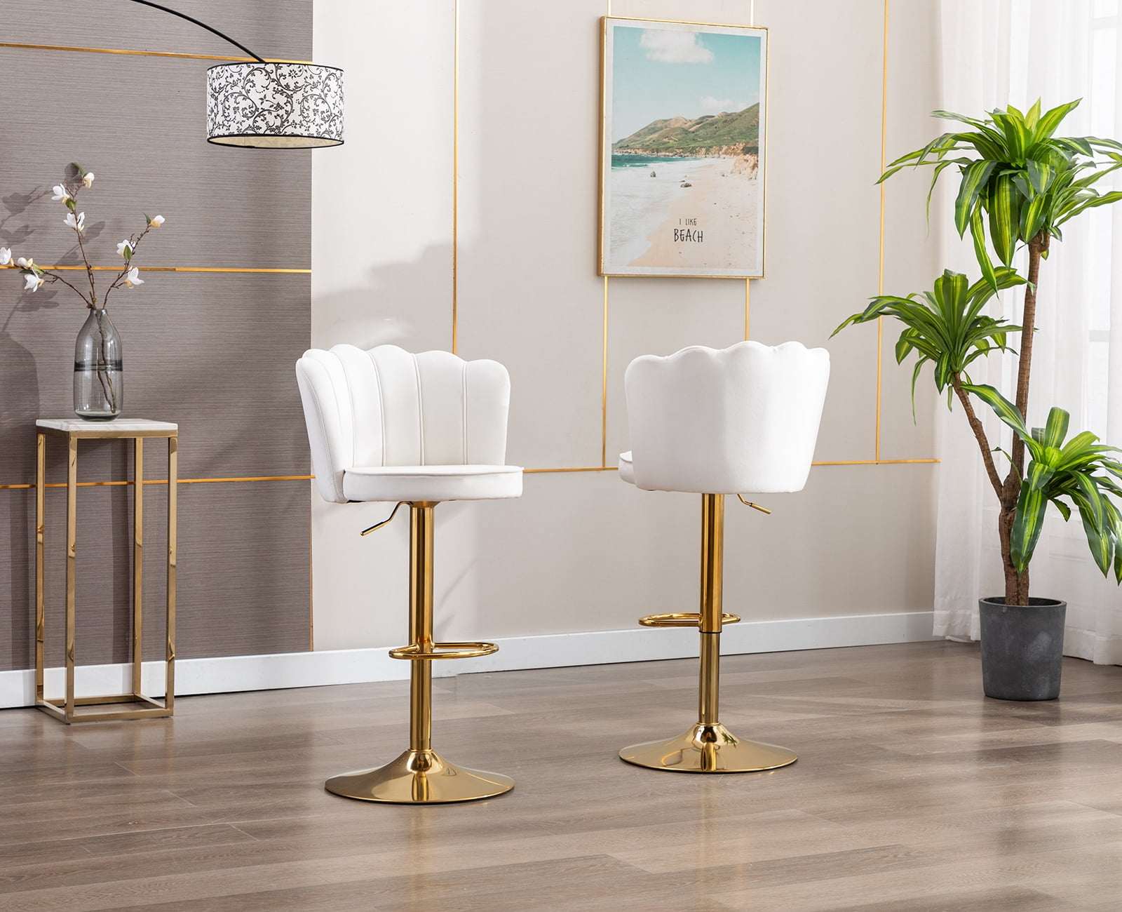 Guyou Swivel Adjustable Bar Stools Set of 2, Velvet Counter Height Barstools with Petal Back and Gold Footrest, Modern Counter Bar Height Stool Chairs for Kitchen Island Bar Cafe, Cream