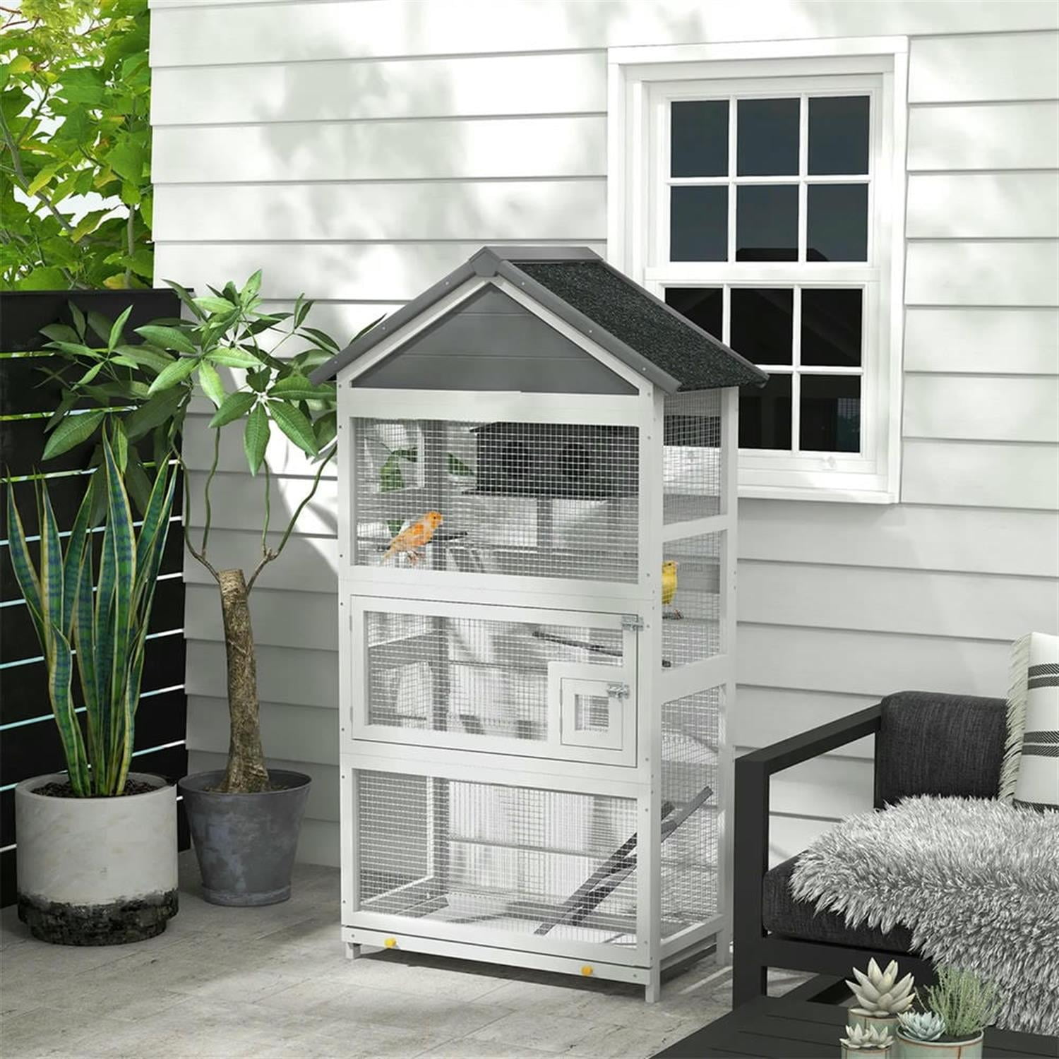 resenkos 67" Height Wooden Indoor Bird Cage Aviary with Rolling Stand, Slide-Out Tray for Parrots Conures Lovebird Cockatiel Parakeets, Gray