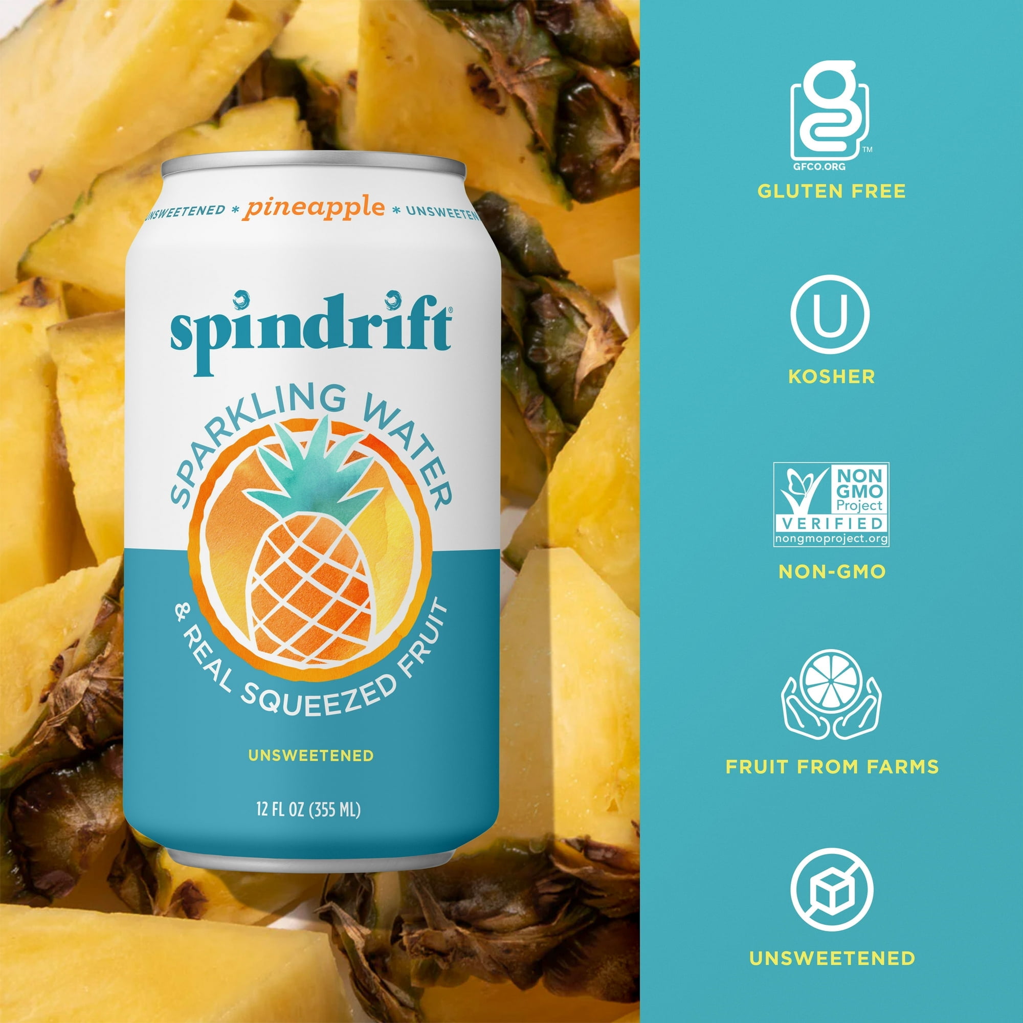 Spindrift Sparkling Water , Pineapple Flavored, Made with Real Squeezed fruit, 12 fl oz, 8 count, No Sugar Added, 15 Calories per Can