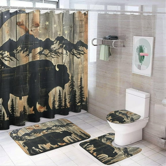 4Pcs Farmhouse Silhouette Shower Curtain Sets, Bath Mat and Rugs, Bison Jungle Mountain Shower Curtain with Hooks for Bathroom