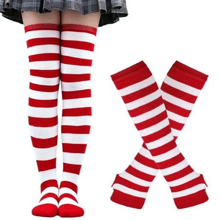 

Halloween Christmas Women 2 Pairs Striped Knee High Socks Arm Warmer Fingerless Gloves Set