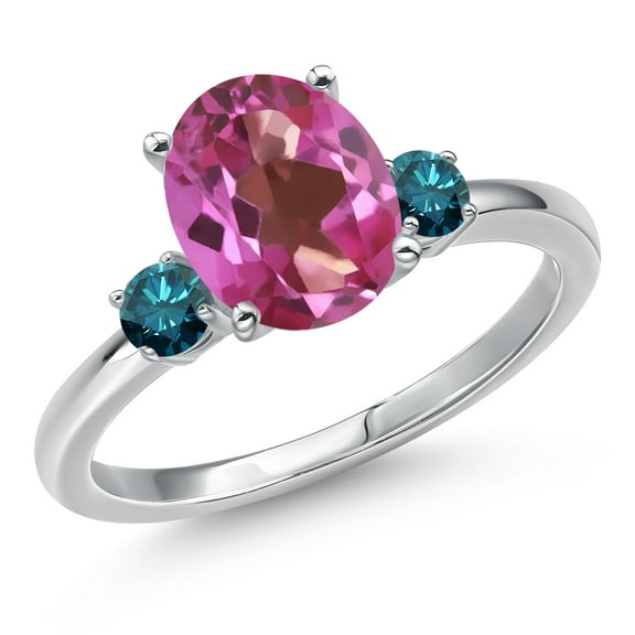 Gem Stone King 14K White Gold Pink Mystic Topaz and Blue Diamond Engagement Ring for Women | 3.45 Cttw | Oval 10X8MM | Gemstone November Birthstone | Size 8