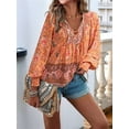 thumbnail image 4 of Women'S Casual Boho V Neck Top Loose Floral Printed Long Sleeve Beach Shirts Blouses Orange Color L, 4 of 9