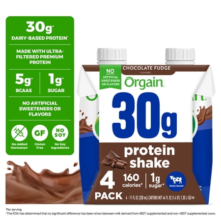 Orgain 30g Protein Shake, Dairy Based, Chocolate Fudge 11oz, 4ct