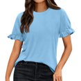 thumbnail image 2 of Plebaso Hauts Mignons pour Femmes, T-Shirts à Manches Courtes à Volants, Col Rond, Couleur Unie, Blouses d'Été Décontractées, 2 of 7